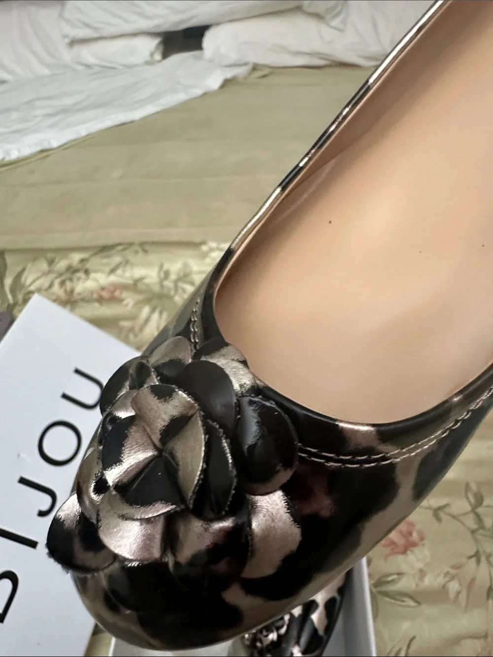 Bijou Leopard-Print Metallic Ballet Flats in Rose Gold and Black